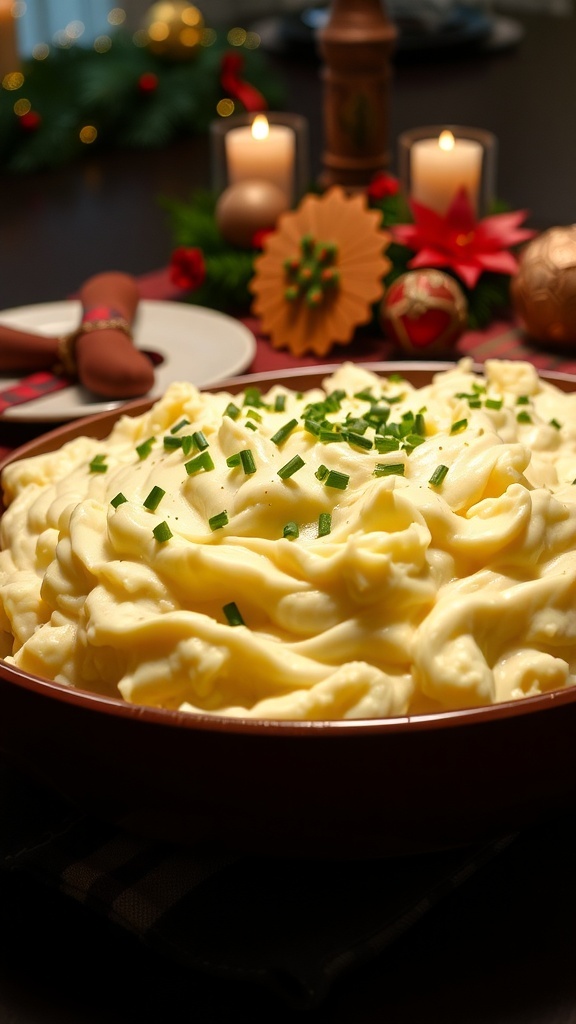 A large dish of creamy mashed potatoes garnished with chives, set on a festive table.